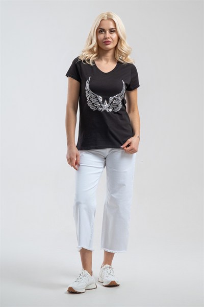 Bold & Young Kadın Siyah Gümüş Pul Payet İşlemeli Melek Kanadı Desenli V Yaka T-Shirt