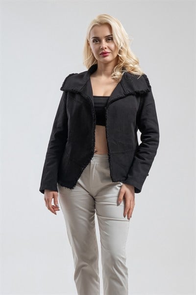 Bold & Young Kadın Siyah Tek Cepli Metal Fermuarlı Pis Dikişli Ceket