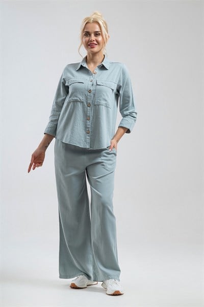 Bold & Young Kadın Su Yeşili %100 Pamuklu 3/4 Kol Kapaklı Büyük Cepli Gömlek