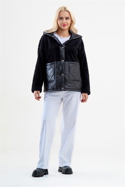 Siyah Wellsoft Peluş Kapitone Cepli Kapüşonlu Fermuarlı Kadın Ceket