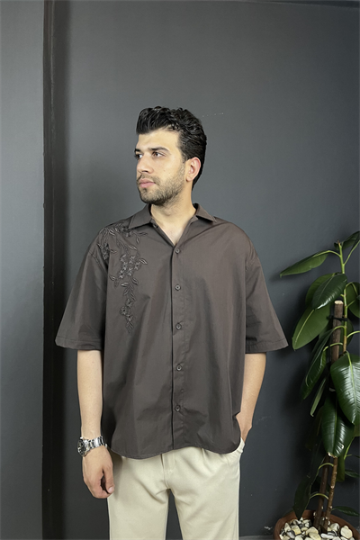 Acı Kahve Nakış Detaylı Oversize Gömlek 