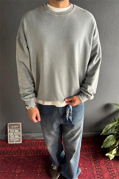 Gri Premium Acid Yıkamalı Basic Oversize Sweatshirt