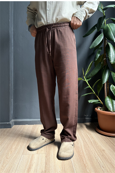 Kahverengi Beli Lastikli Baggy Keten Pantolon