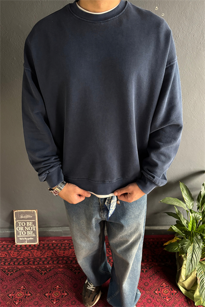 Lacivert Premium Acid Yıkamalı Basic Oversize Sweatshirt
