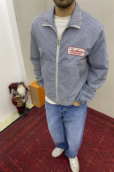 Oversize Nakış Detaylı Çift Fermuarlı Ceket Lacivert