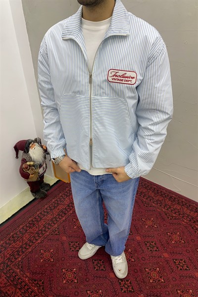 Oversize Nakış Detaylı Çift Fermuarlı Ceket Mavi