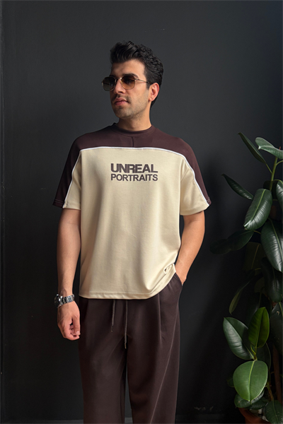 Unreal Baskılı Çift Renk Kahverengi Tişört