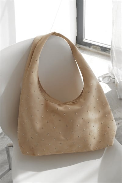 Taş Detaylı Süet Hobo Çanta