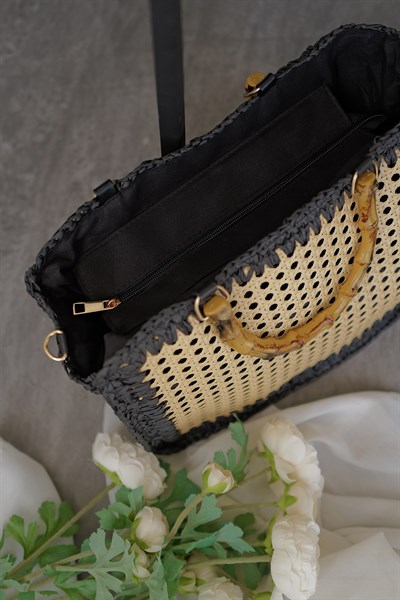 Ahşap Askılı Hasır Çanta