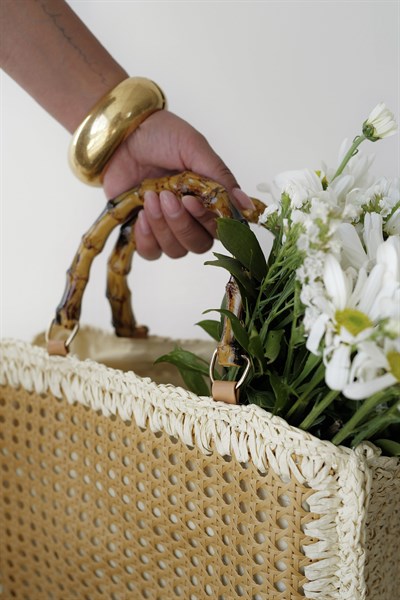 Ahşap Askılı Hasır Çanta