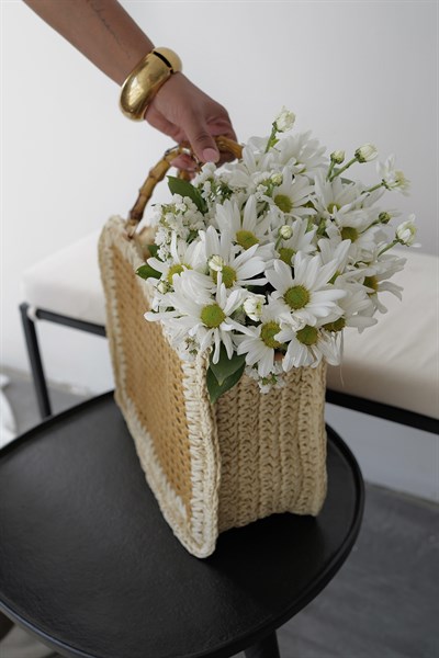 Ahşap Askılı Hasır Çanta