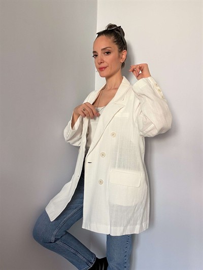 Ekru Oversize Keten Ceket