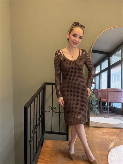 Kahve Uzun Kollu File Örgü Crochet Elbise