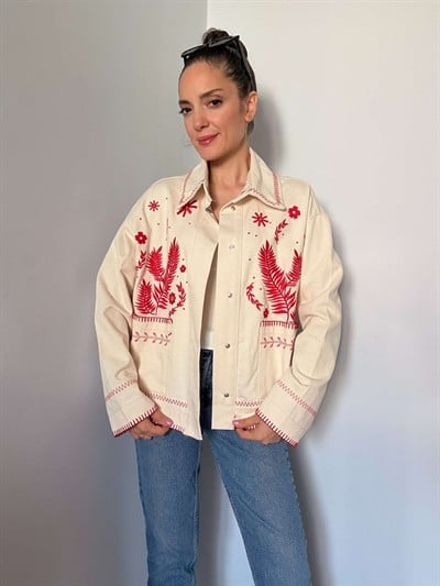 Kırmızı Nakışlı Premium Gabardin Ceket