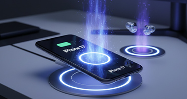 iPhone 17'nin kablosuz şarj teknolojisi gösterimi, fütüristik bir masaüstü