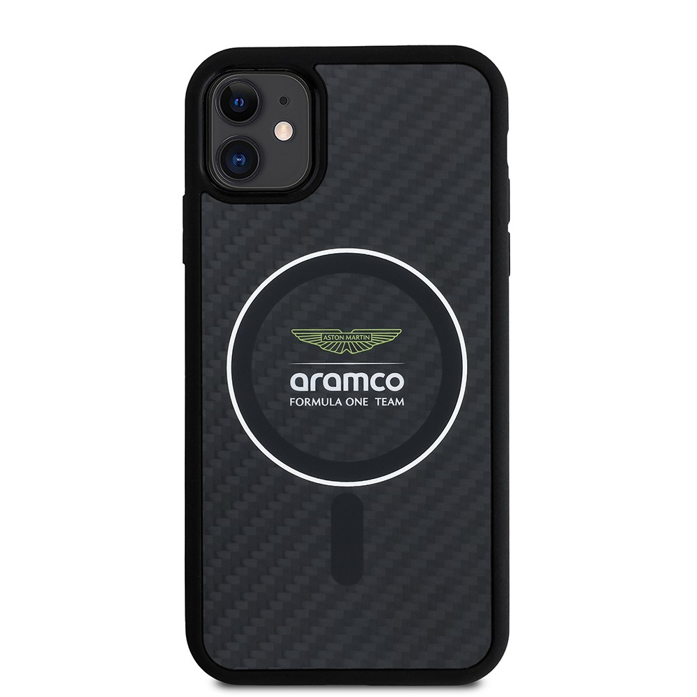 Apple iPhone 11 Kılıf Aston Martin Orjinal Lisanslı M-safe Şarj Özellikli Renkli Halka ve Karbon Fiber Tasarımlı Kapak