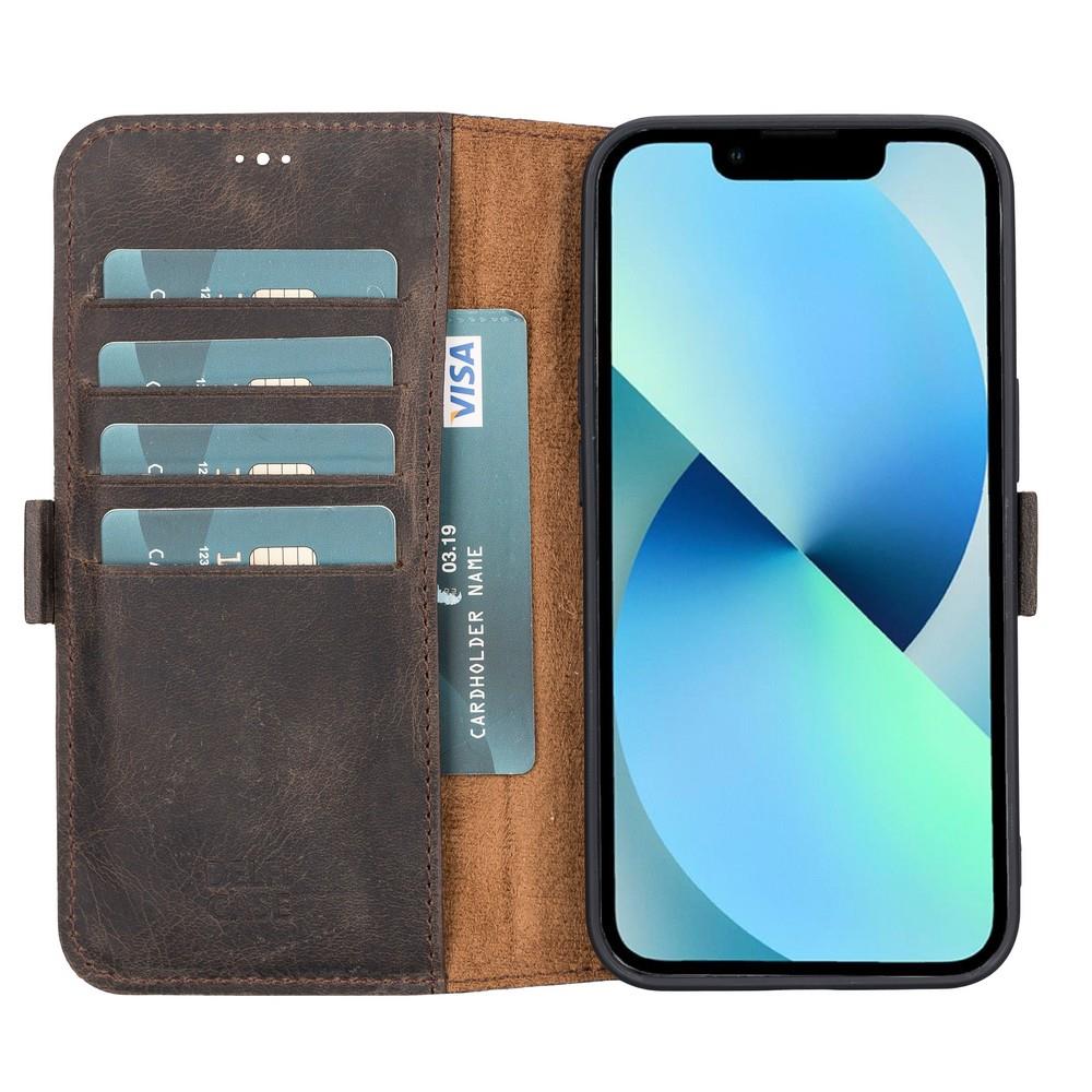 Apple iPhone 13 Uyumlu Deri Cüzdanlı Kılıf Acı Kahve