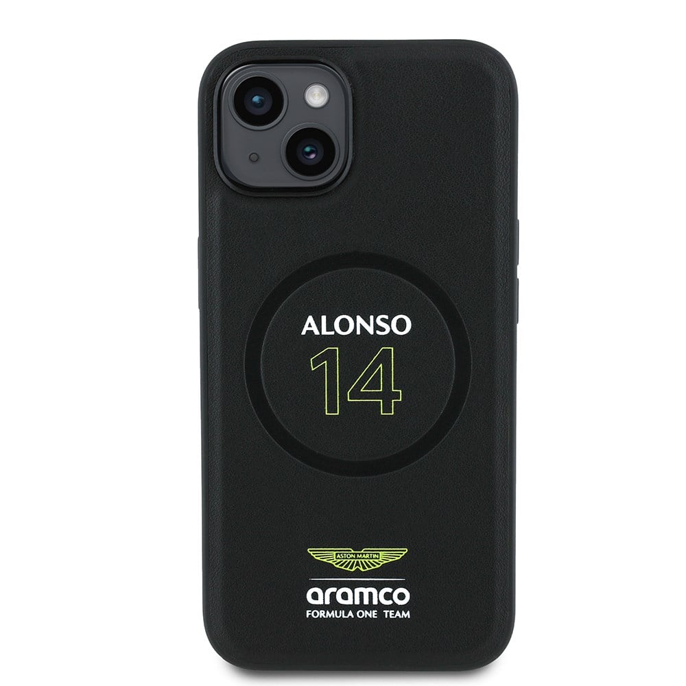 Apple iPhone 14 Kılıf Aston Martin Orjinal Lisanslı M-safe Şarj Özellikli PU Deri Alonso 14 Baskılı Kapak