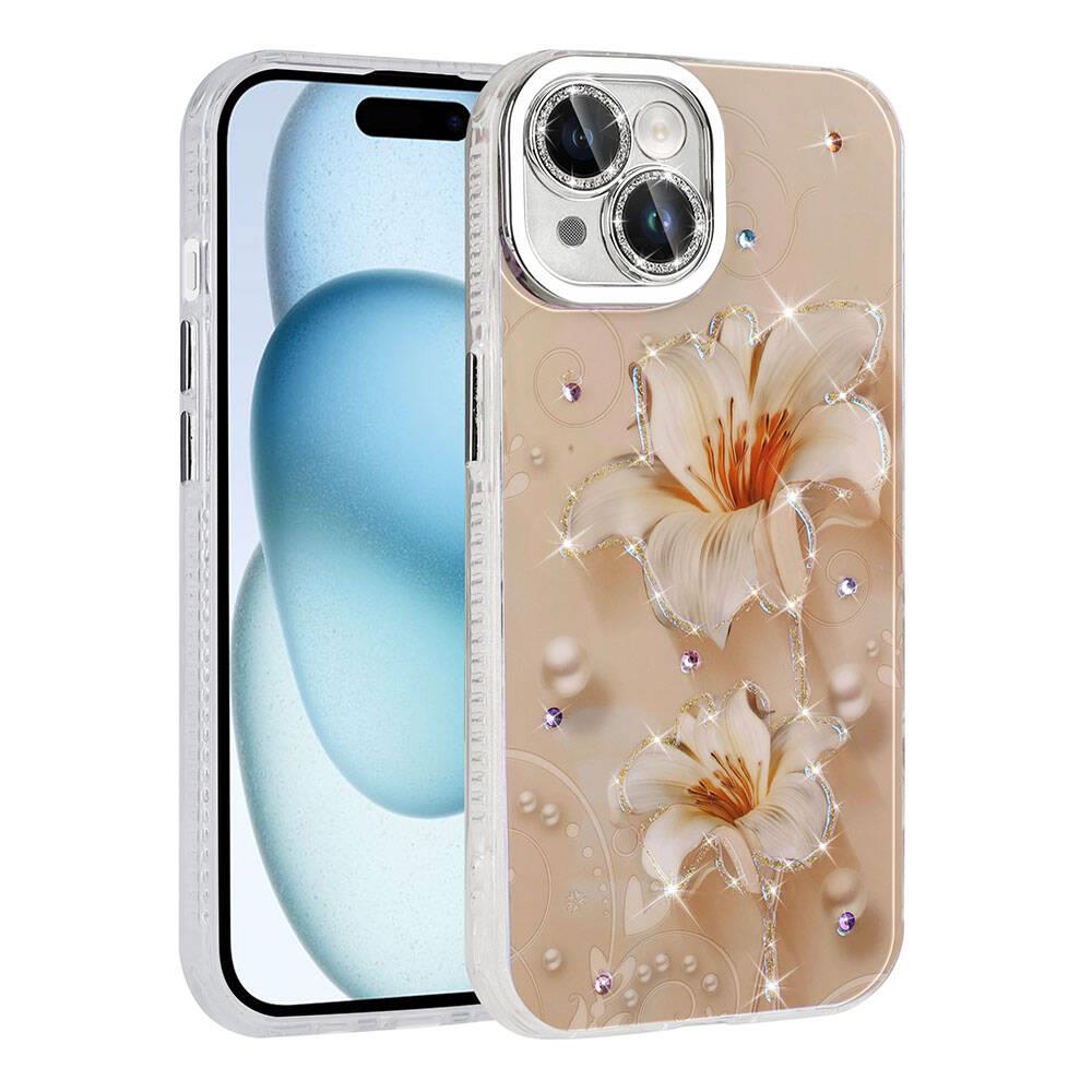 Apple iPhone 14 Kılıf Çiçek Desenli Parlak Taşlı Sert Silikon Zore Garden Kapak