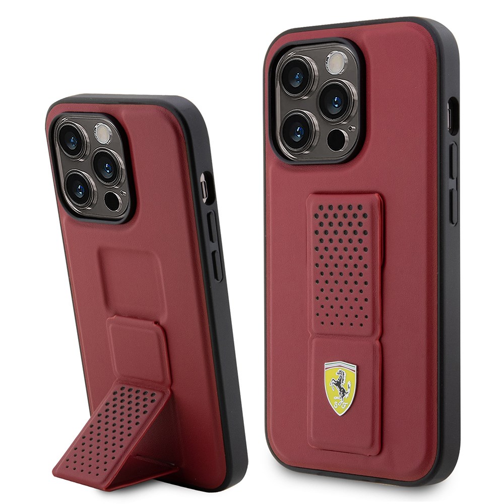 Apple iPhone 14 Pro Kılıf Ferrari Orjinal Lisanlı Klasik Metal Logolu Delikli Standlı Deri Kapak