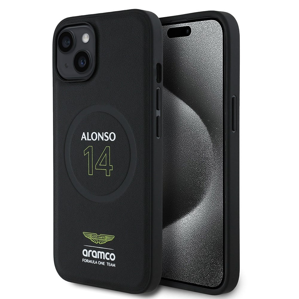 Apple iPhone 15 Kılıf Aston Martin Orjinal Lisanslı M-safe Şarj Özellikli PU Deri Alonso 14 Baskılı Kapak