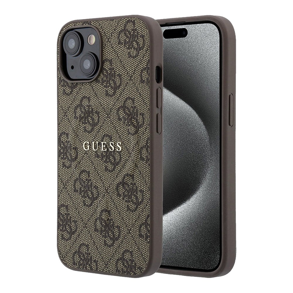Apple iPhone 15 Kılıf Guess Orjinal Lisanslı M-safe Kabartmalı 4G Desenli Yazı Logolu Kapak