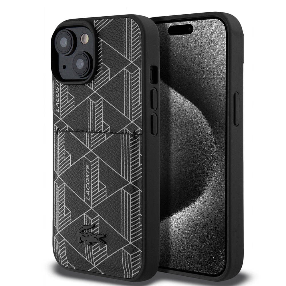 Apple iPhone 15 Kılıf Lacoste Orjinal Lisanslı M-safe Şarj Özellikli PU Deri Görünümlü Kartlıklı Karışık Monogram Desenli Kapak
