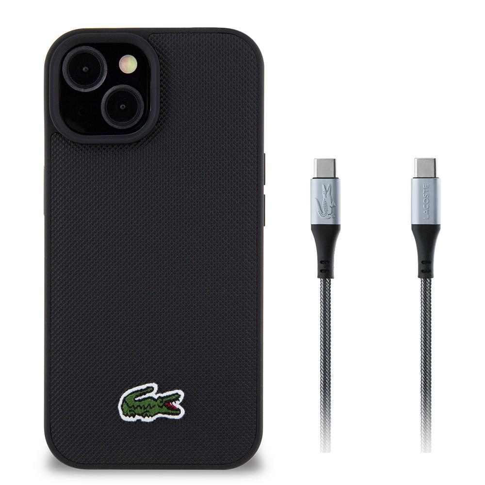 Apple iPhone 15 Kılıf Lacoste Orjinal Lisanslı PU Pike Desenli Arka Yüzey İkonik Timsah Dokuma Logolu Kapak + Type-C Kablo 1.5m