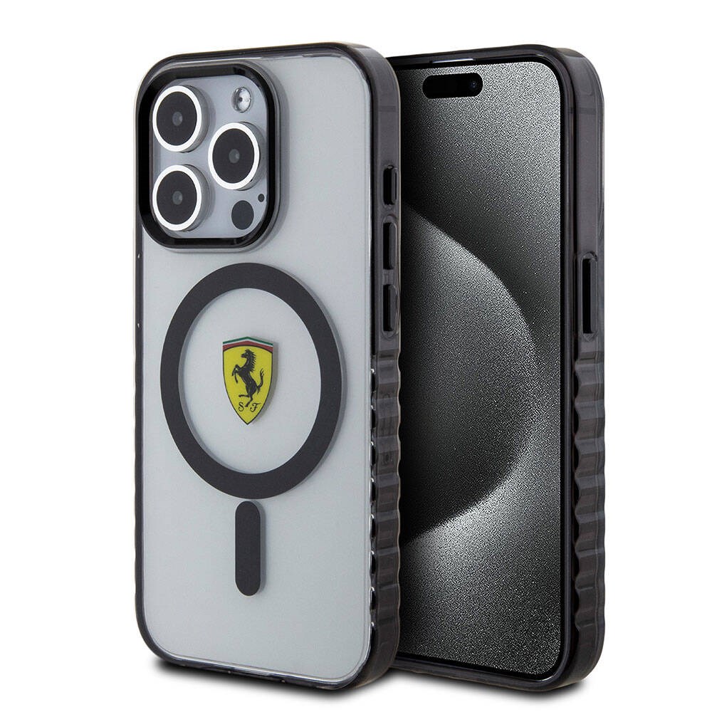 Apple iPhone 15 Pro Kılıf Ferrari Orjinal Lisanslı M-safe Şarj Özellikli Tırtıklı Kenar Tasarımlı Ortalanmış Logo Kapak