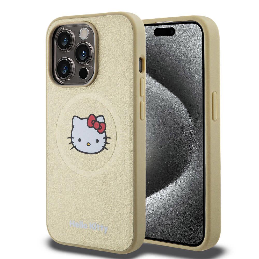 Apple iPhone 15 Pro Kılıf Hello Kitty Orjinal Lisanslı M-safe Şarj Özellikli Kitty Head Deri Kapak