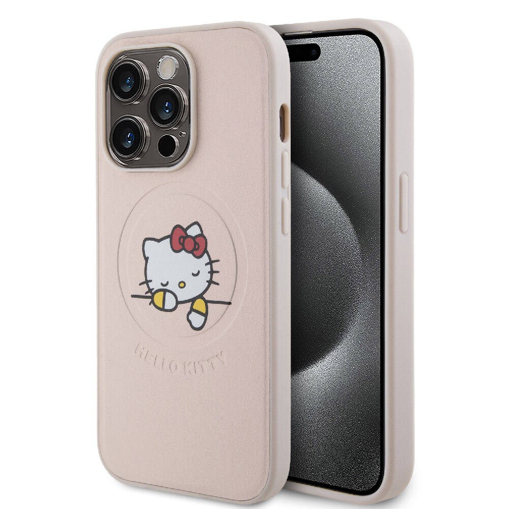 Apple iPhone 15 Pro Kılıf Hello Kitty Orjinal Lisanslı M-safe Şarj Özellikli Baskı Logolu Uyuyan Kitty Deri Kapak