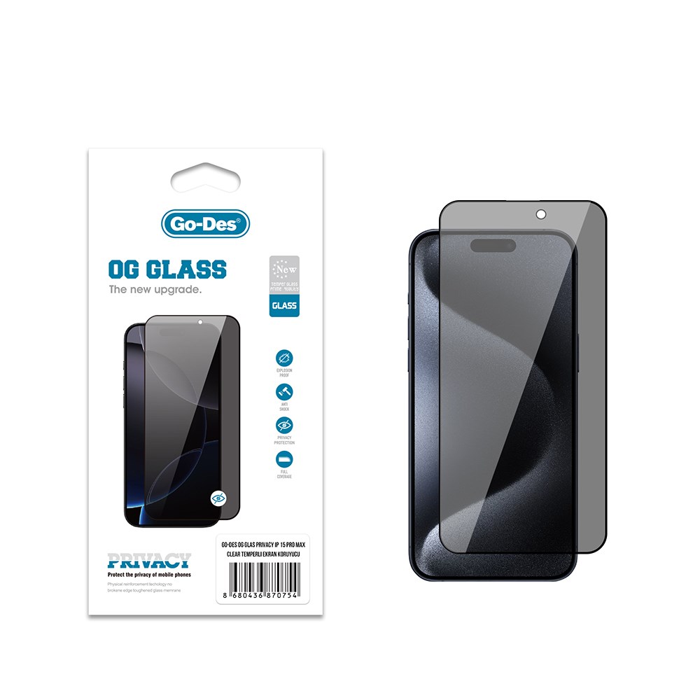 Apple iPhone 15 Pro Max Go Des OG Glass Privacy Antistatik Temperli Cam Ekran Koruyucu