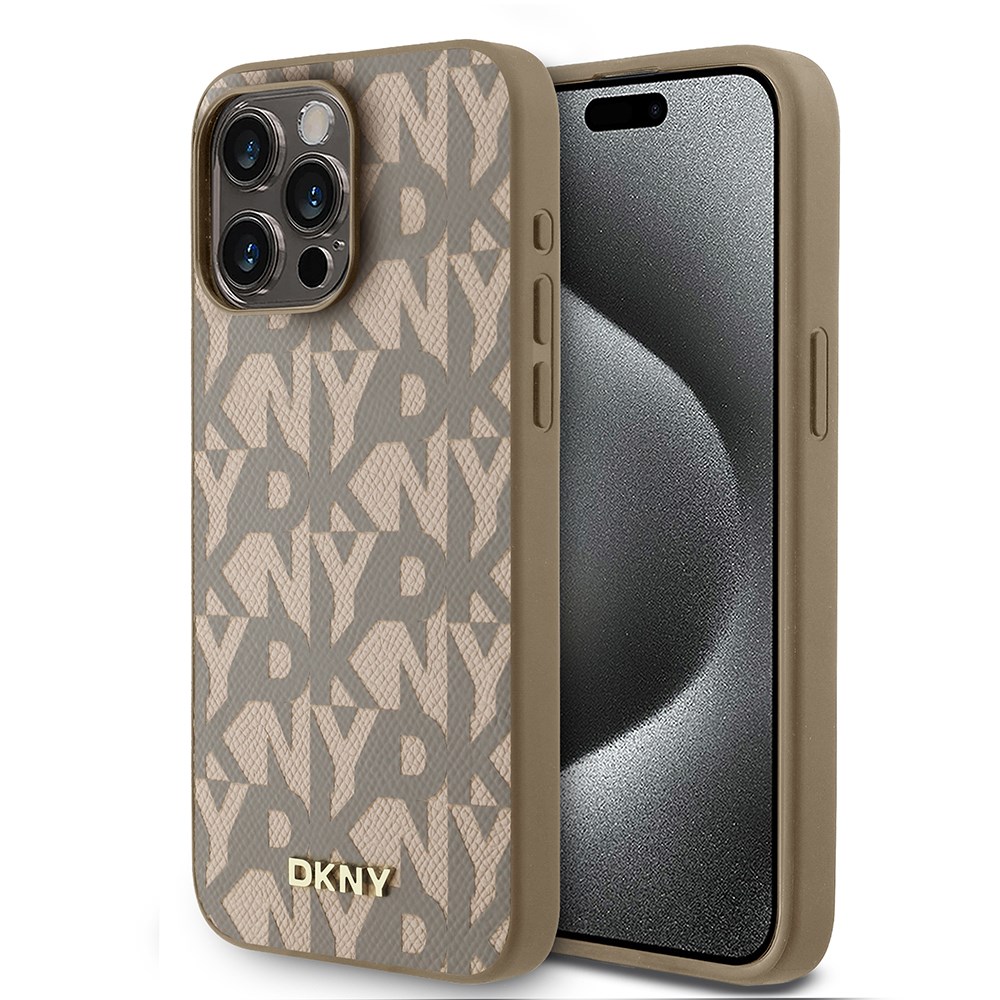 Apple iPhone 15 Pro Max Kılıf DKNY Orjinal Lisanslı M-safe Şarj Özellikli 3D Yazılı Grid Pattern Kapak