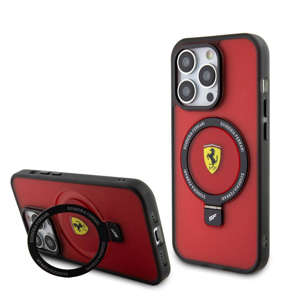 Apple iPhone 15 Pro Max Kılıf Ferrari M-safe Şarj Özellikli Standlı Buzlu Yüzey Dizayn Kapak