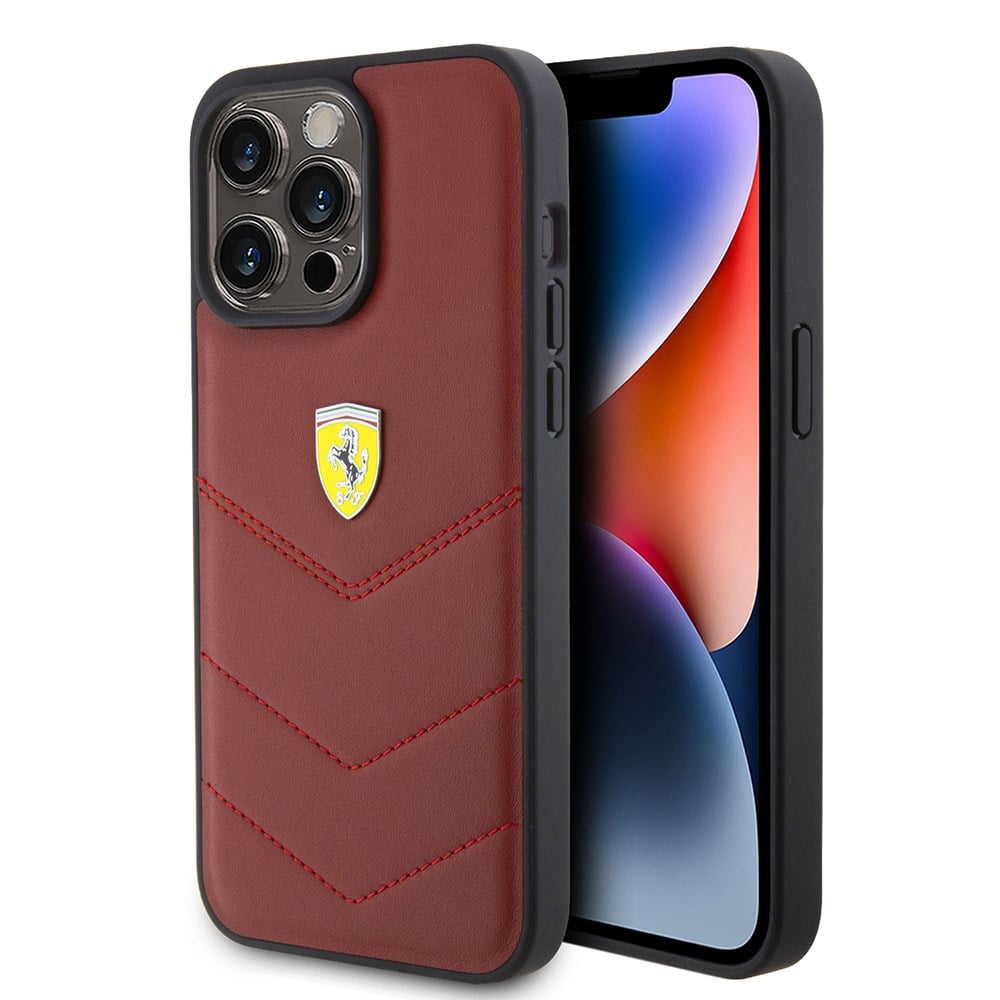 Apple iPhone 15 Pro Max Kılıf Ferrari Orjinal Lisanslı Deri Dikişli Arka Yüzey Metal Logo Tasarımlı Kapak
