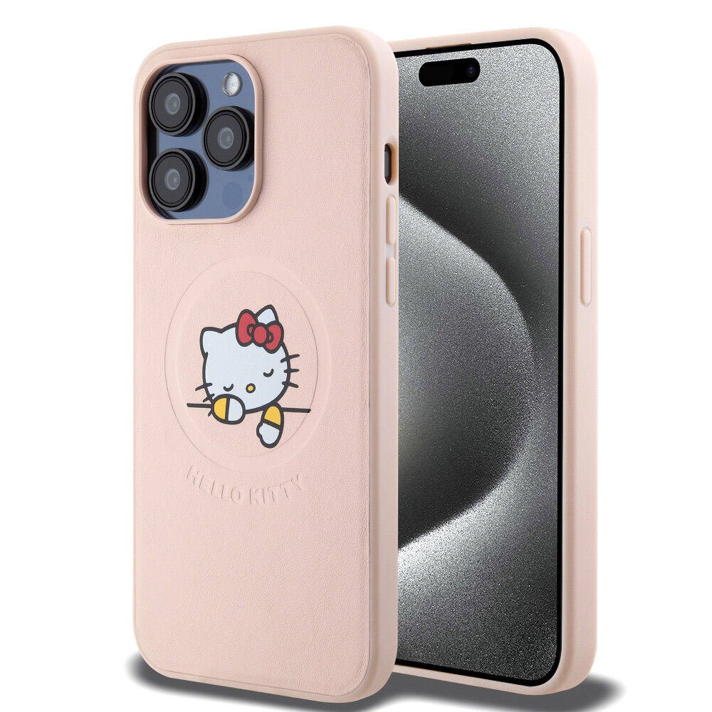 Apple iPhone 15 Pro Max Kılıf Hello Kitty Orjinal Lisanslı M-safe Şarj Özellikli Baskı Logolu Uyuyan Kitty Deri Kapak