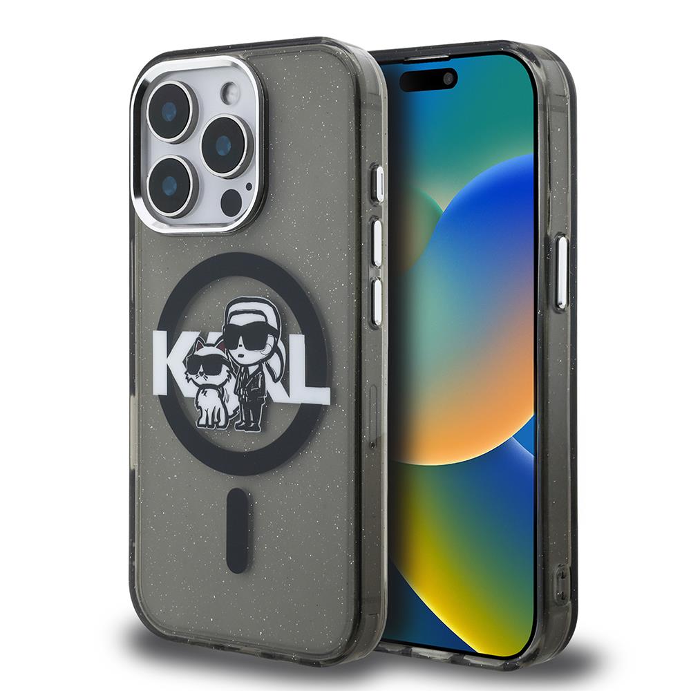 Apple iPhone 15 Pro Max Kılıf Karl Lagerfeld Orjinal Lisanslı Parlayan Simli Karl & Choupette Sketch Logo Kapak