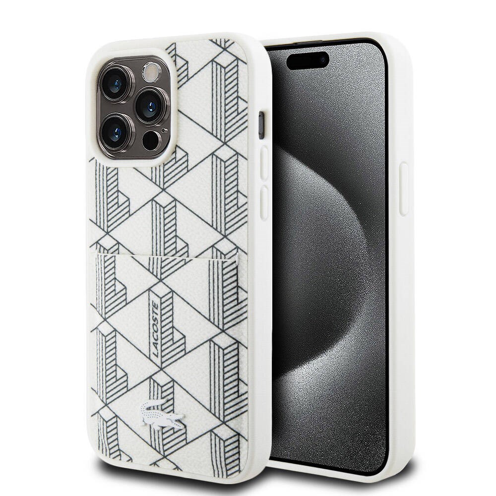 Apple iPhone 15 Pro Max Kılıf Lacoste Orjinal Lisanslı M-safe Şarj Özellikli PU Deri Görünümlü Kartlıklı Karışık Monogram Desenli Kapak