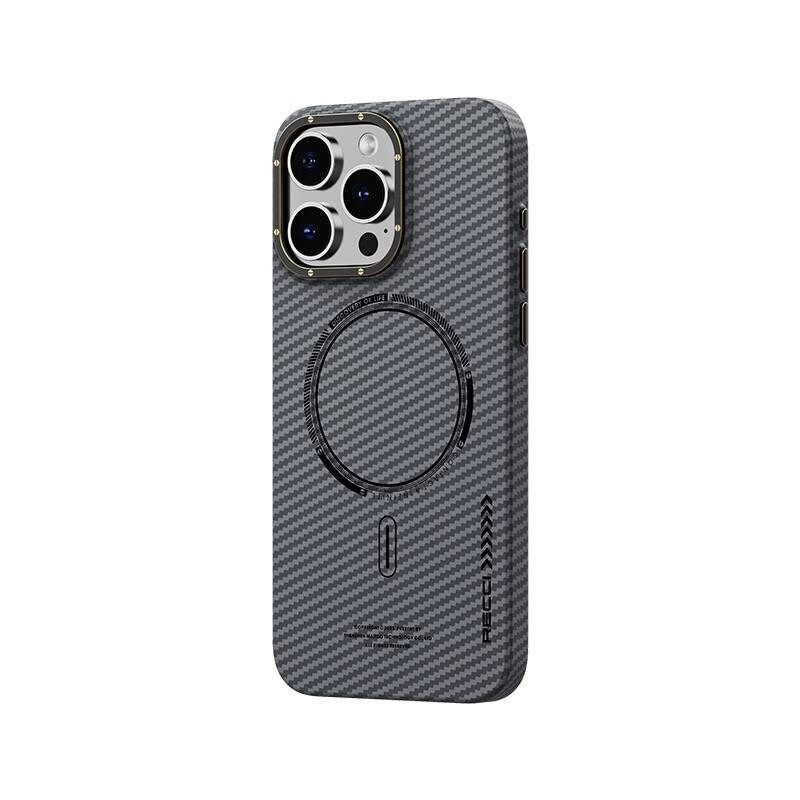 Apple iPhone 15 Pro Max Kılıf Recci Machinist Serisi M-safe Şarj Özellikli Magnetik Karbon Kapak