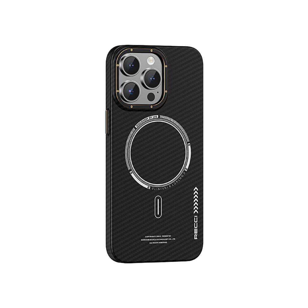 Apple iPhone 15 Pro Max Kılıf Recci Machinist Serisi M-safe Şarj Özellikli Magnetik Karbon Kapak