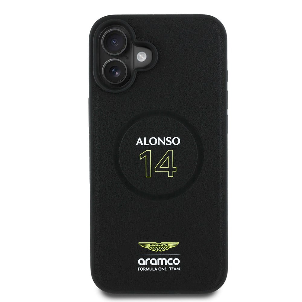 Apple iPhone 16 Plus Kılıf Aston Martin Orjinal Lisanslı M-safe Şarj Özellikli PU Deri Alonso 14 Baskılı Kapak