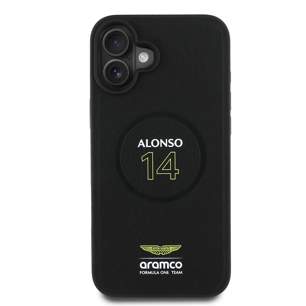 Apple iPhone 16 Plus Kılıf Aston Martin Orjinal Lisanslı M-safe Şarj Özellikli PU Deri Alonso 14 Baskılı Kapak