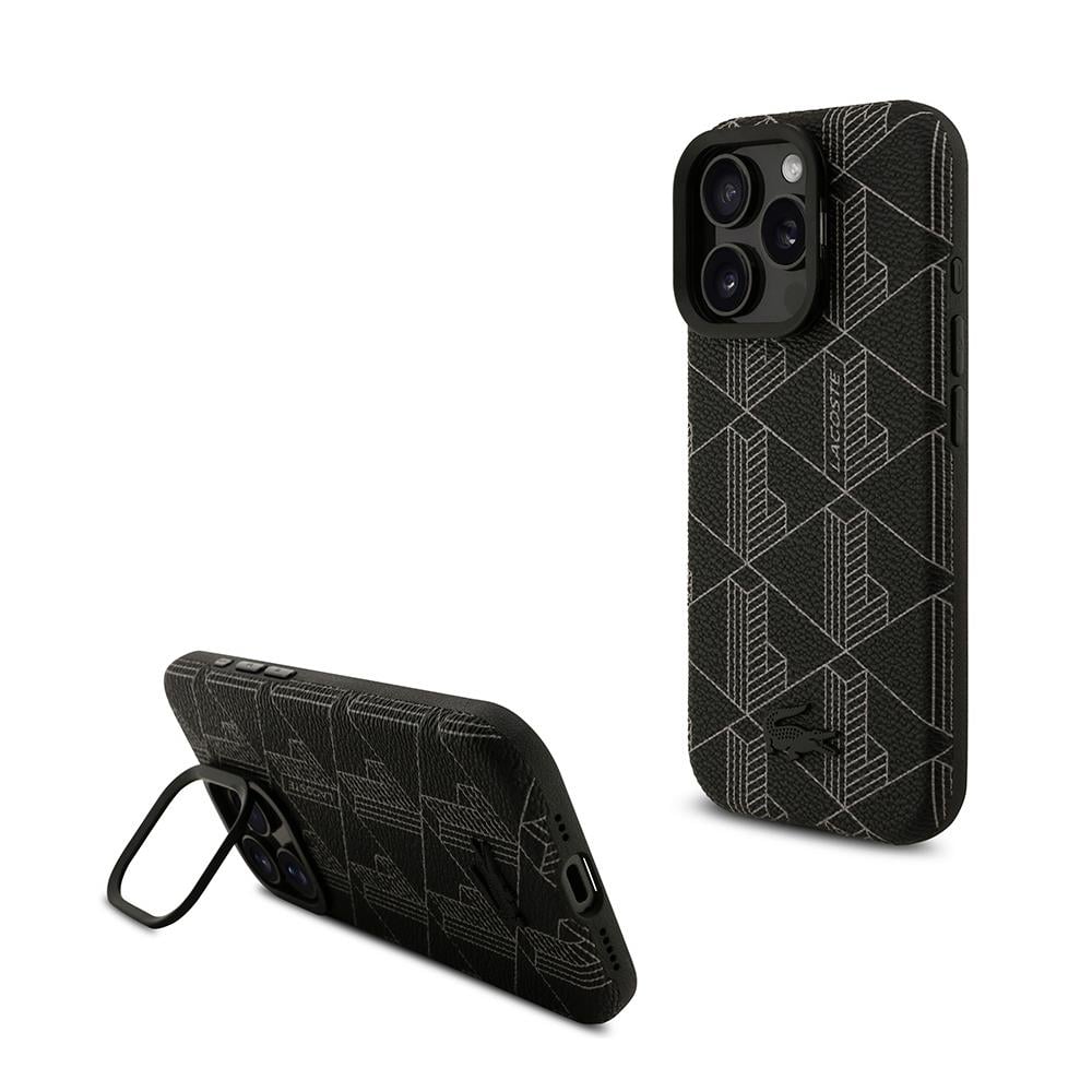 Apple iPhone 16 Pro Max Kılıf Lacoste Orjinal Lisanslı M-safe Şarj Özellikli Standlı PU Deri Karışık Monogram Desenli Kapak