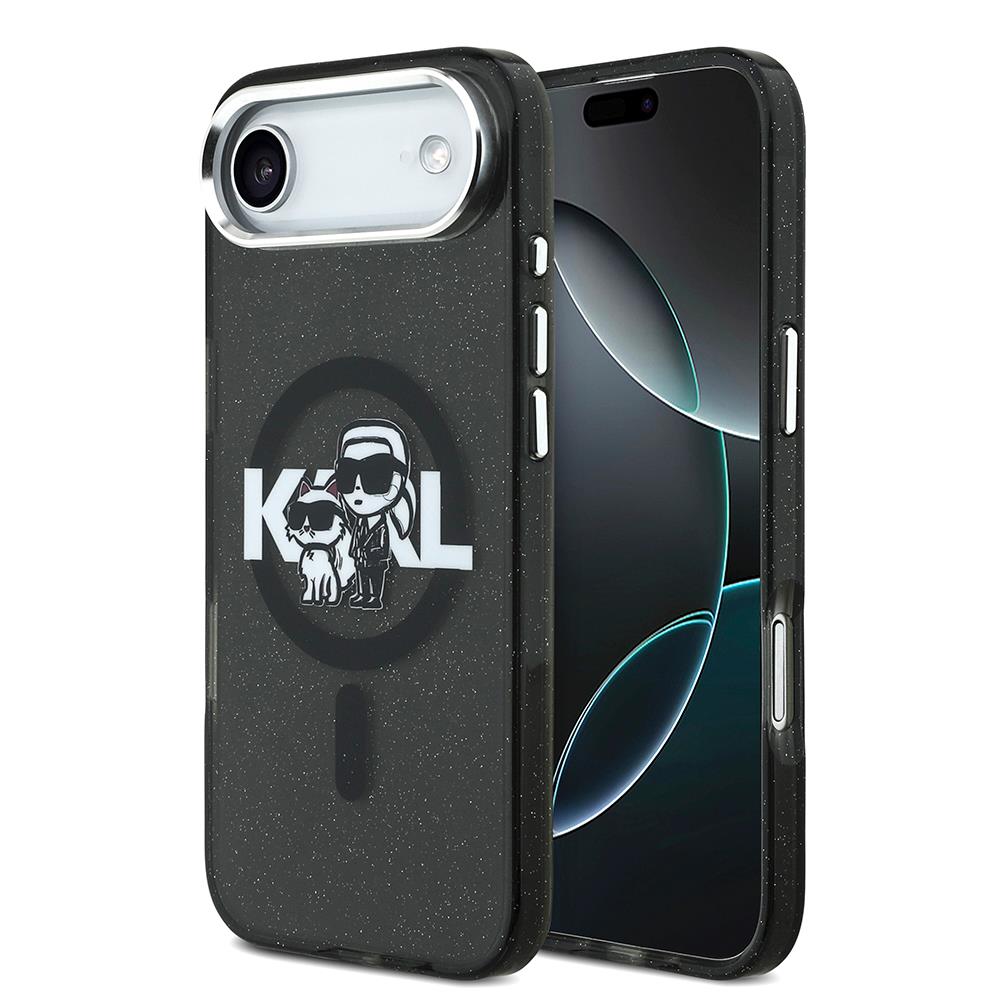 Apple iPhone 17 Air Kılıf Karl Lagerfeld Orjinal Lisanslı Parlayan Simli Karl & Choupette Sketch Logo Kapak