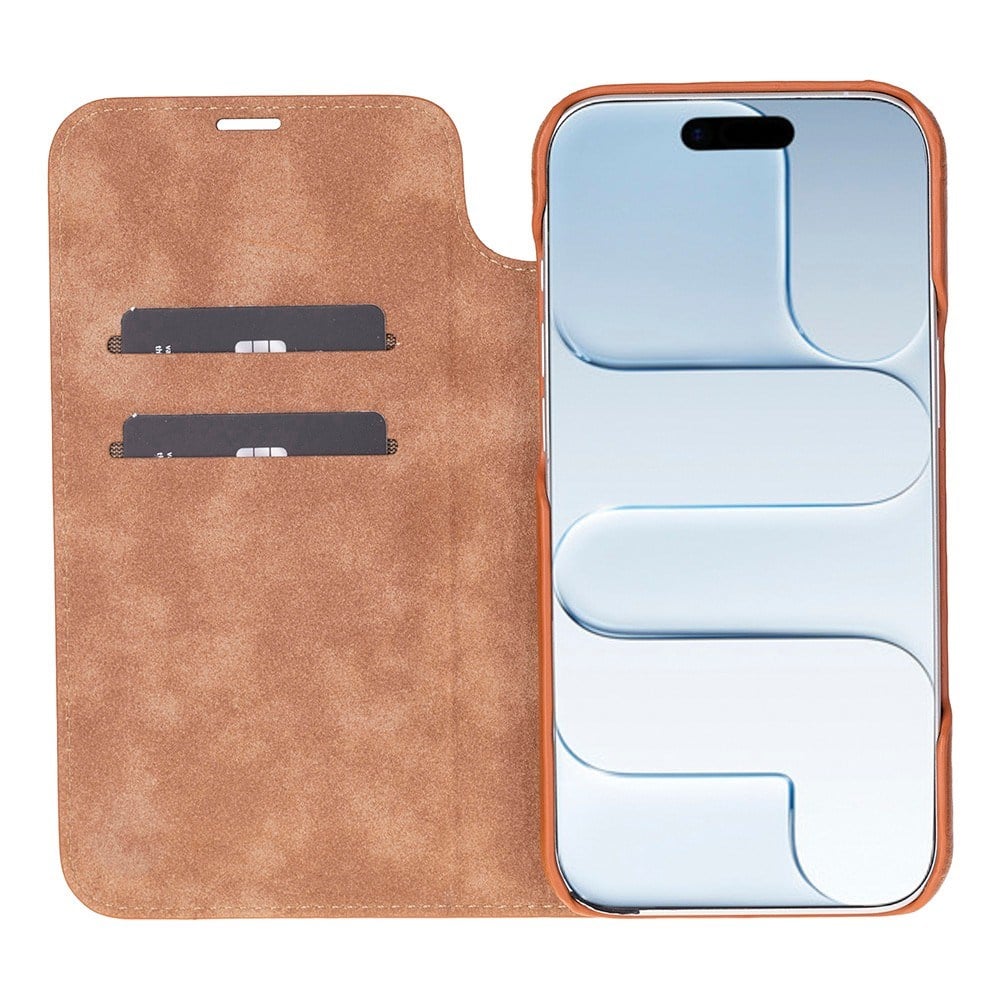 Apple iPhone 17 Air için, Hakiki Deri, El Yapımı, Cüzdanlı Slim Kılıf, Mag safe ile uyumlu, İç Yüzeyi Kadife, Antik Kahve