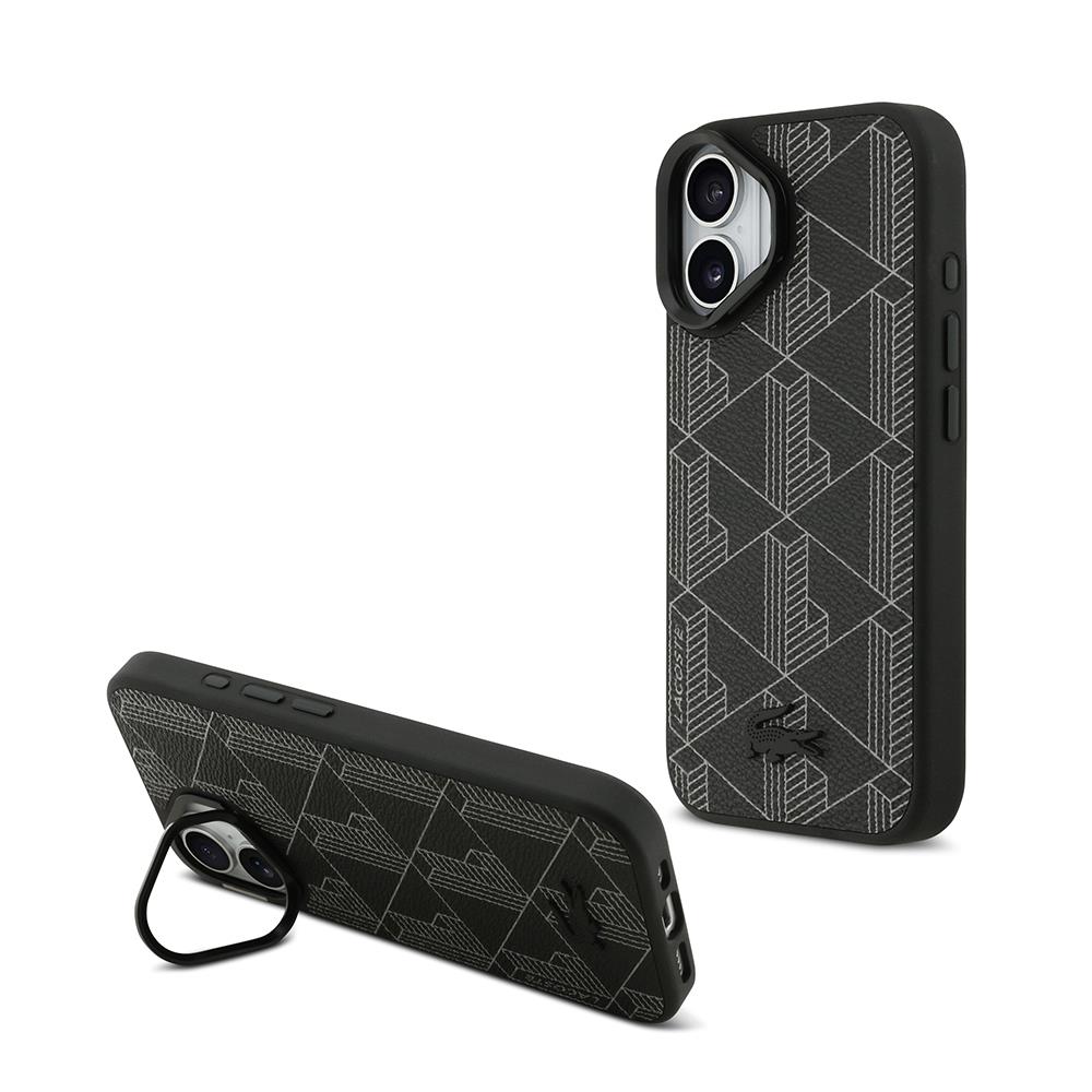 Apple iPhone 17 Kılıf Lacoste Orjinal Lisanslı M-safe Şarj Özellikli Standlı PU Deri Karışık Monogram Desenli Kapak