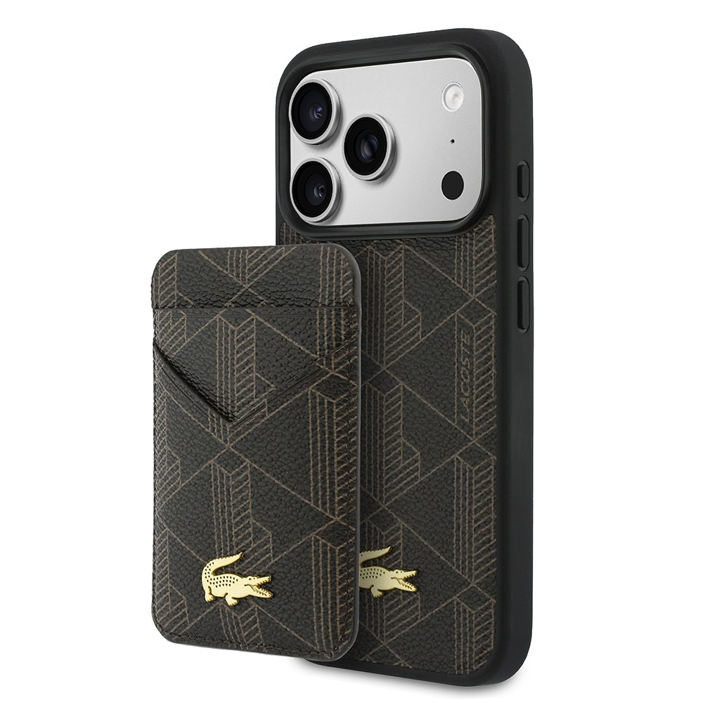 Apple iPhone 17 Pro Kılıf Lacoste Orjinal Lisanslı M-safe Şarj Özellikli PU Deri Tasarımlı Kartlıklı Karışık Monogram Desenli Kapak