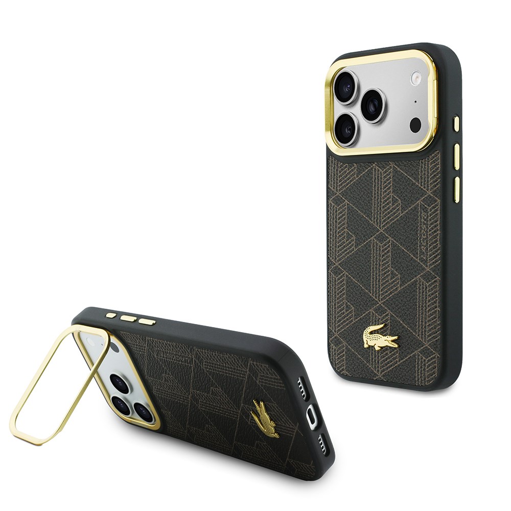 Apple iPhone 17 Pro Kılıf Lacoste Orjinal Lisanslı M-safe Şarj Özellikli Standlı PU Deri Karışık Monogram Desenli Kapak