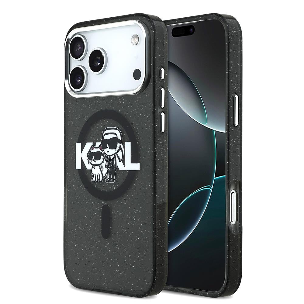 Apple iPhone 17 Pro Max Kılıf Karl Lagerfeld Orjinal Lisanslı Parlayan Simli Karl & Choupette Sketch Logo Kapak