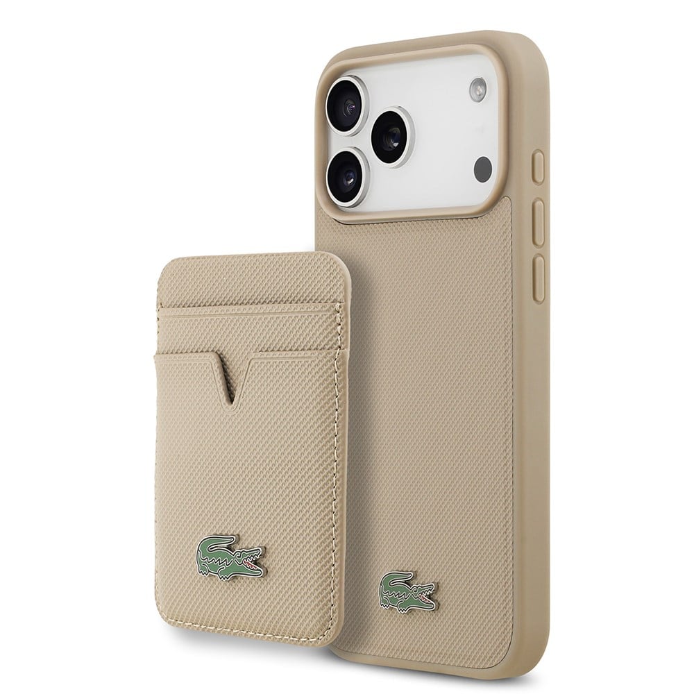 Apple iPhone 17 Pro Max Kılıf Lacoste Orjinal Lisanslı M-safe Şarj Özellikli PU Pike Desenli Metal Logolu Kartlıklı Kapak